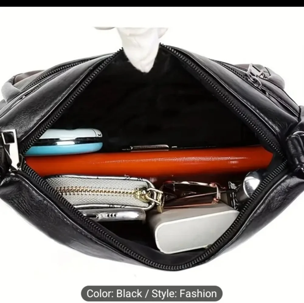 Black Leather Handbag CrossBody‎ Bag Hand Painted Black Shoulder New Z6